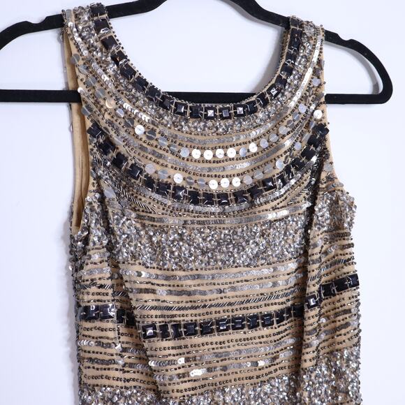 CACHÉ Y2K Sequin Beaded Mini Dress Sleeveless Illusion Stripe Cocktail Women's 0 - Picture 4 of 9